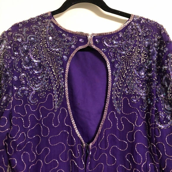 Vintage 1980s Purple Sequin and Beaded Silk Dress Art Deco Flapper Style Size 10 - Picture 5 of 13